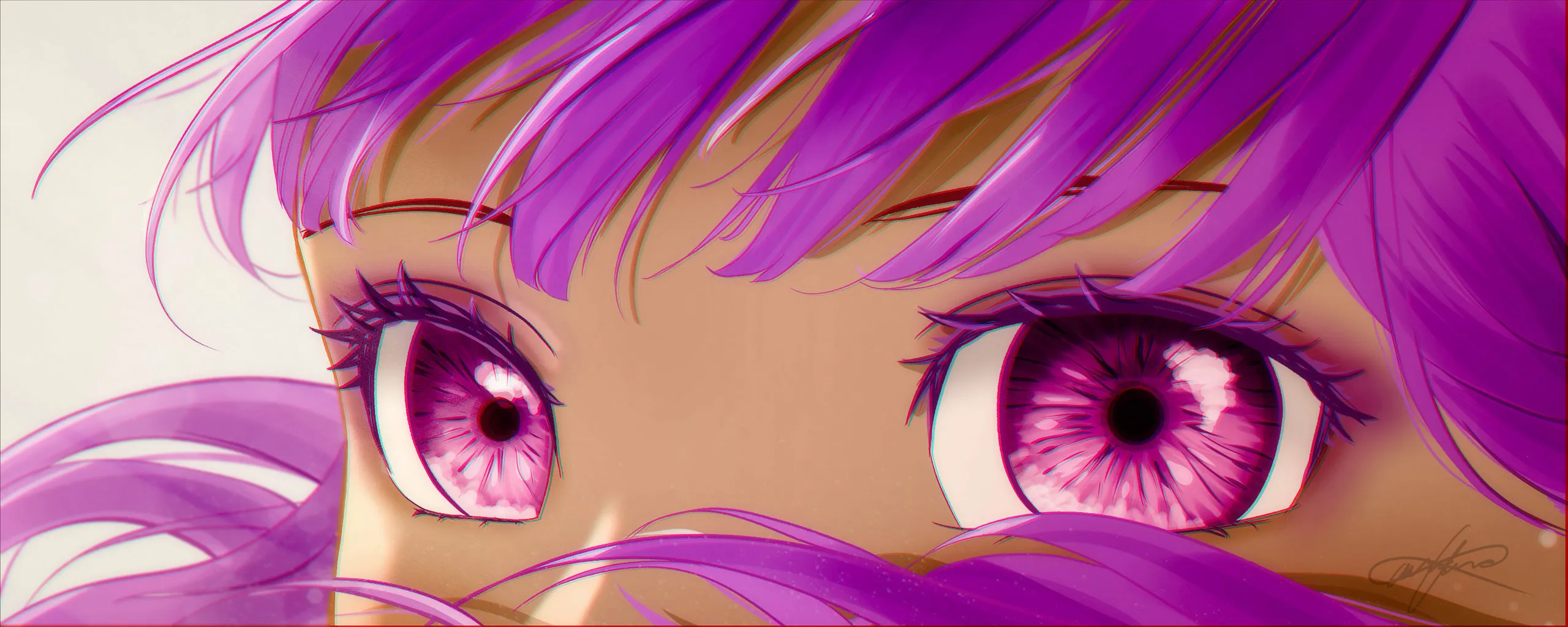A wide close-up of a pair of large pink eyes framed by flowing violet hair, soft light from the left.