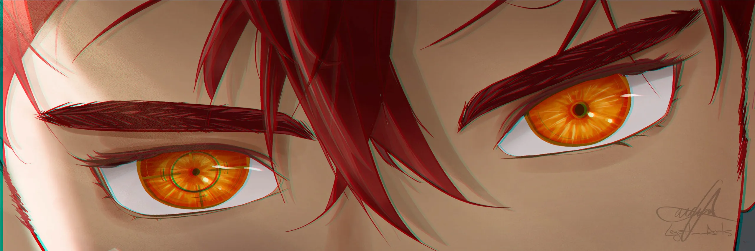 A wide close-up of Wei's eyes, glowing orange irises under sharp brows and strands of red hair, with a faint chromatic split along the lines.