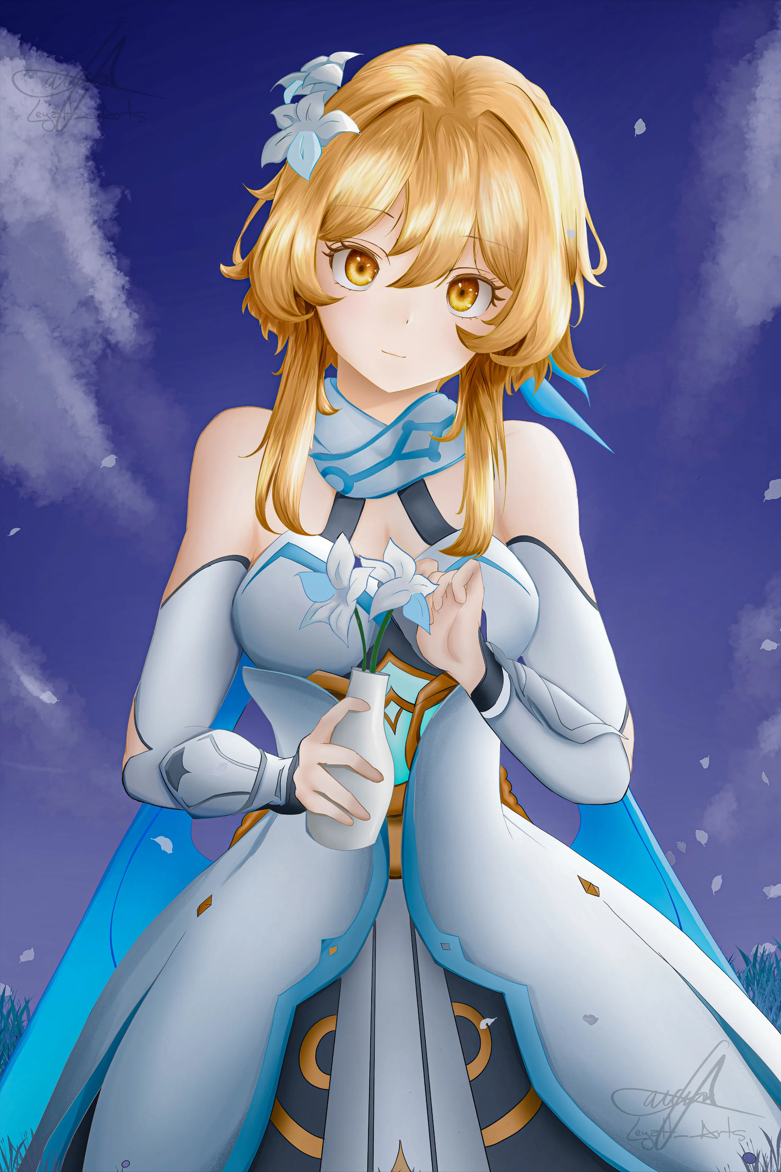 Lumine from Genshin Impact, in a white and blue dress with a lily in her hair, holding a small vase of white lilies against a dusky violet sky with drifting clouds and petals.