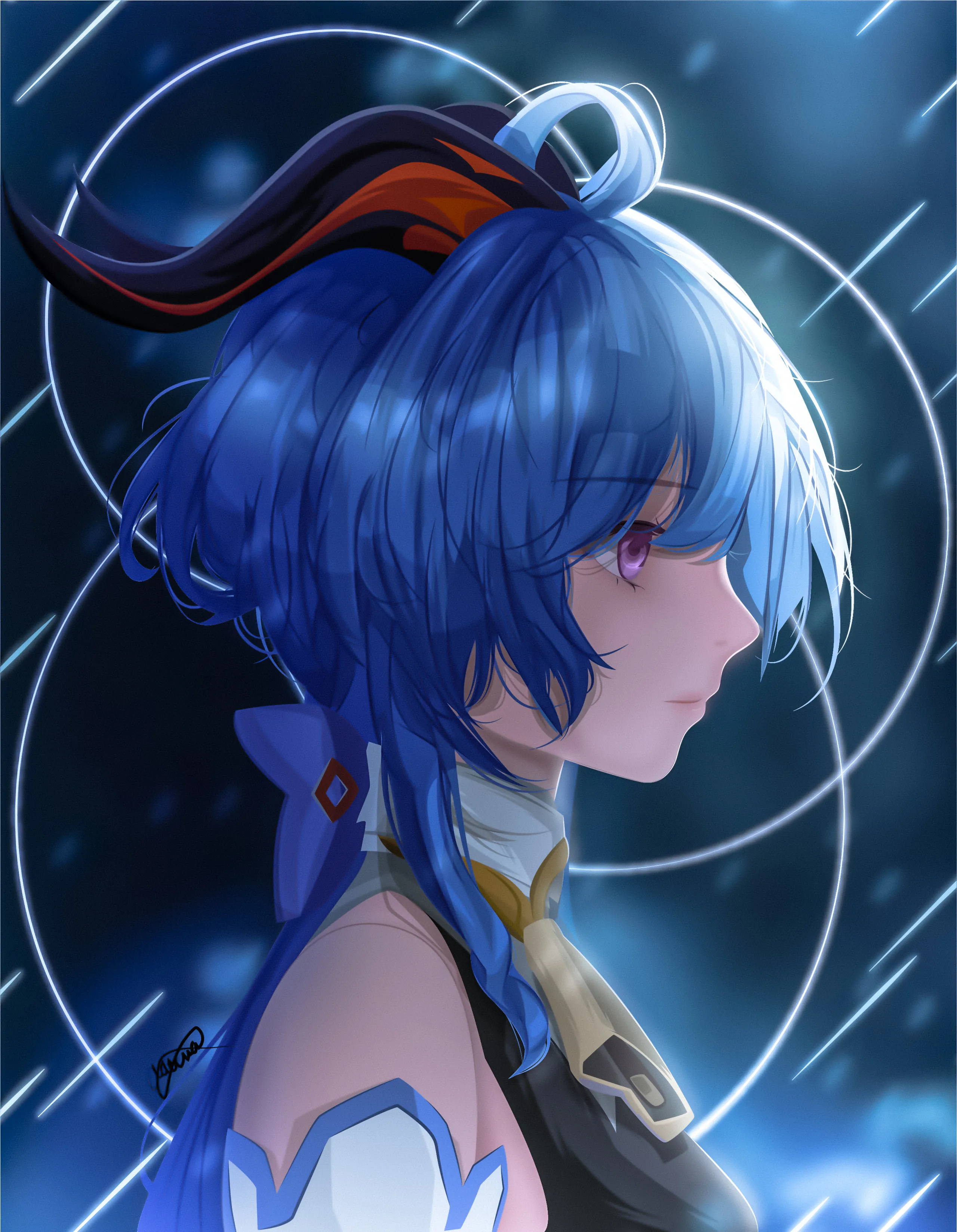 Ganyu from Genshin Impact in profile, blue hair tied up beneath dark curled horns, violet eyes, against a deep teal night with glowing rings and falling streaks of light.