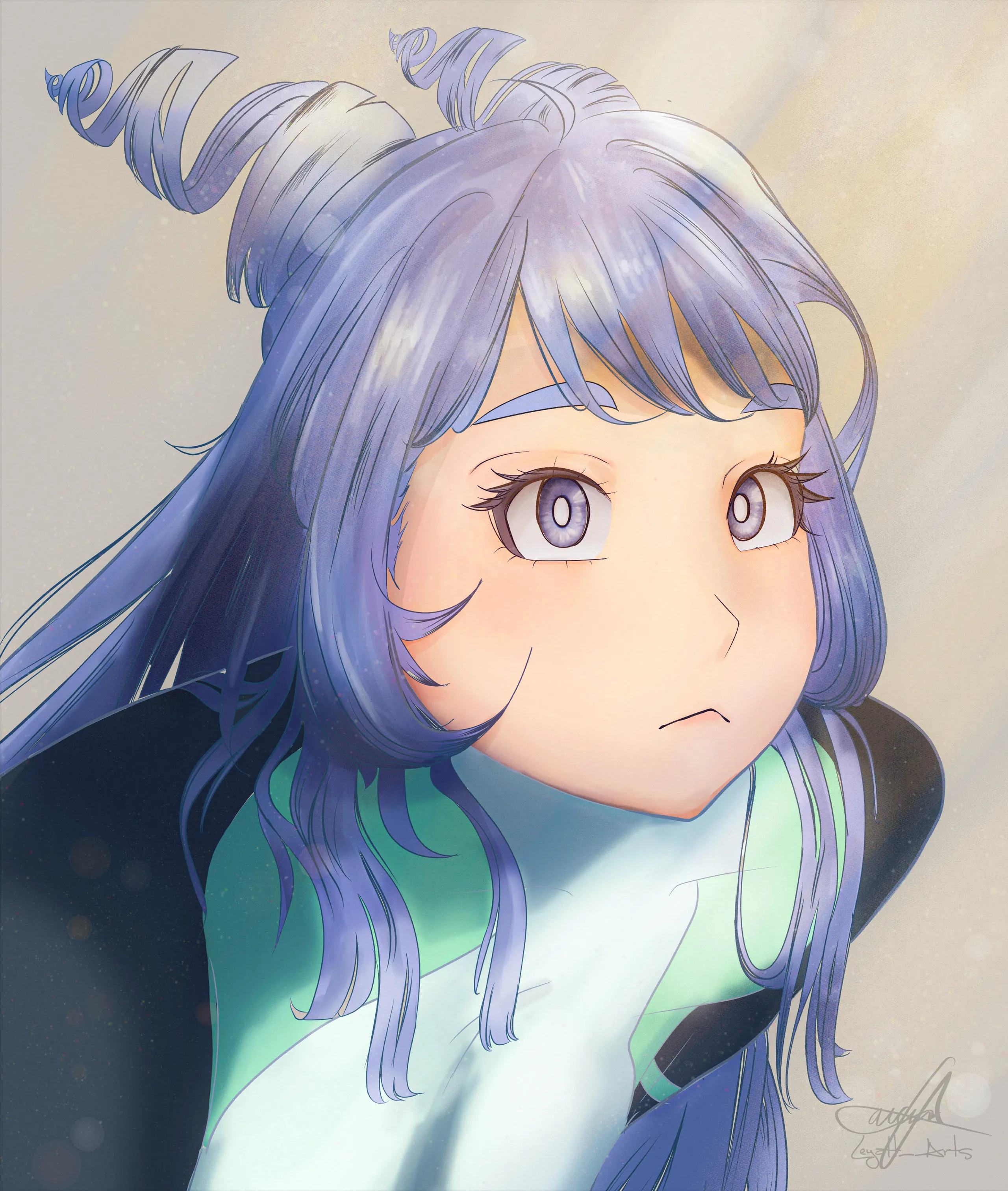 Nejire with long periwinkle hair curling into spirals at the top, looking up with a small frown, in a dark jacket over a mint and white top against warm grey light.