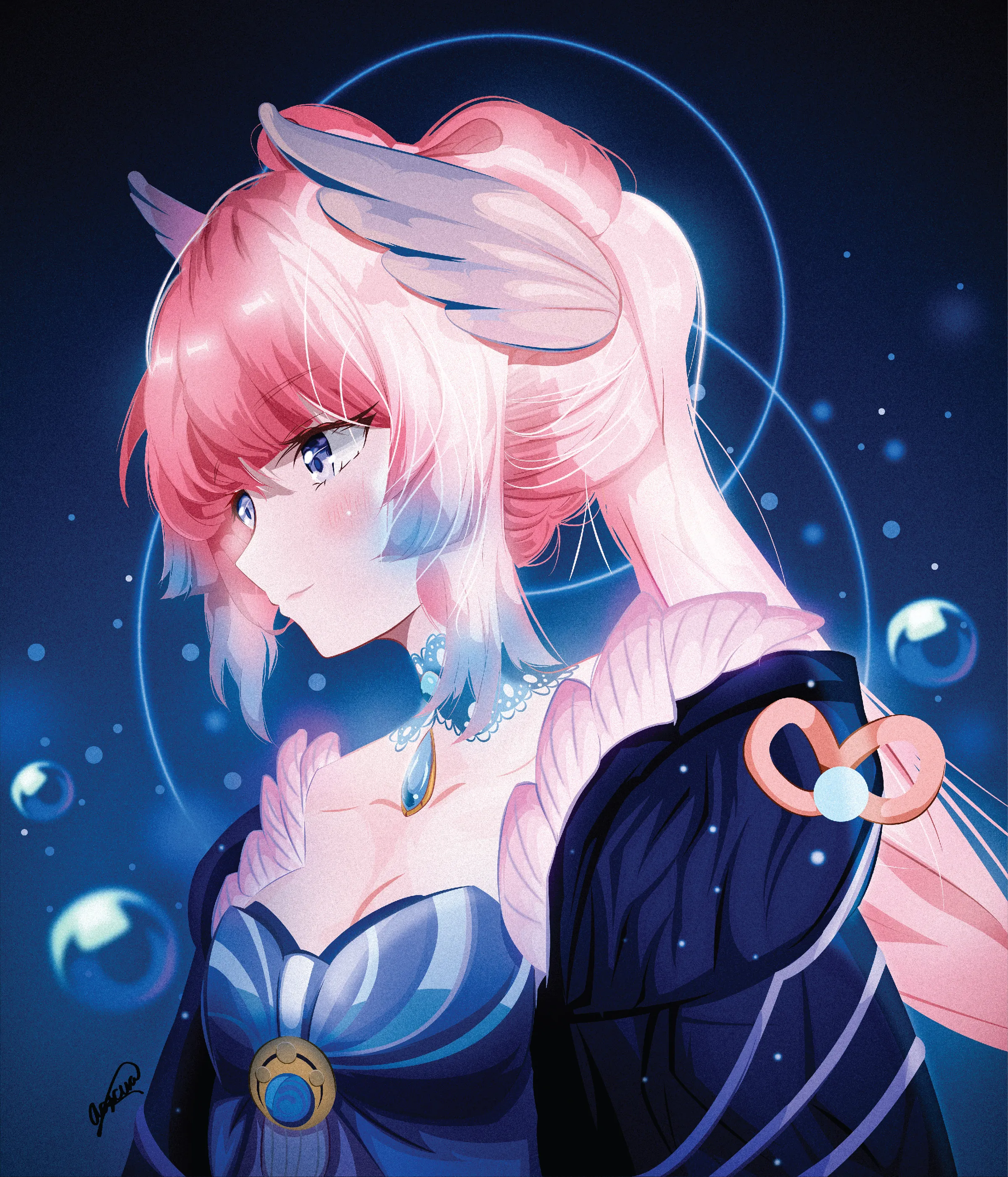 Kokomi from Genshin Impact glancing over her shoulder, pink hair fading to blue with a feathered ornament, a pearl choker and a navy dress, among glowing rings and bubbles on deep blue.