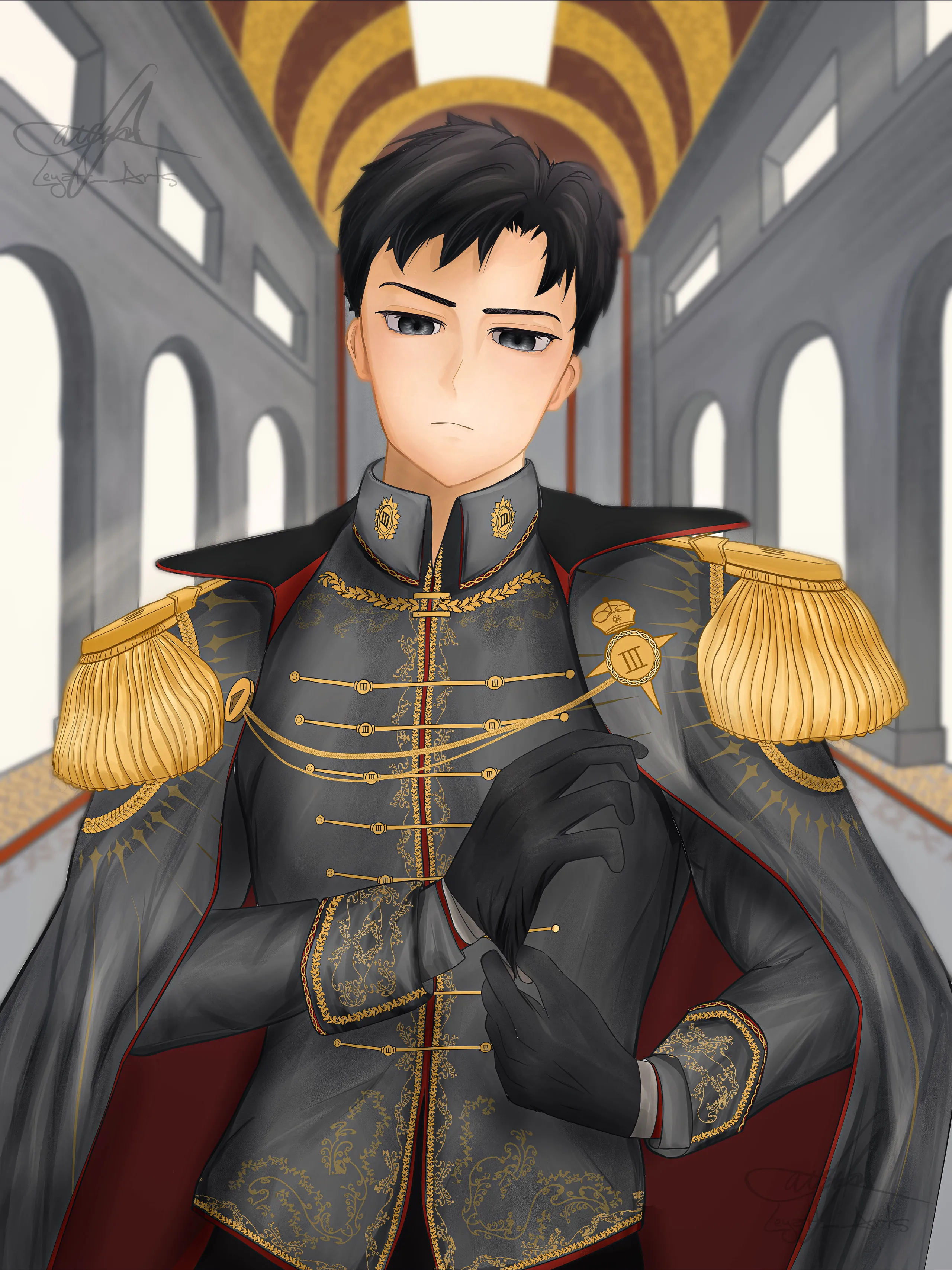 Leyalt Von Emery, a dark-haired young man in a grey military dress uniform with gold epaulettes, braiding and a red-lined cape, tugging on a black glove in a vaulted hall.